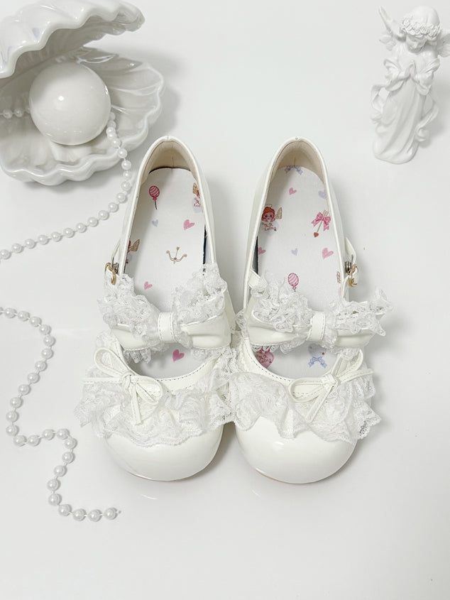 White Bowknot Details Lace Trim Round Toe Lolita Shoes