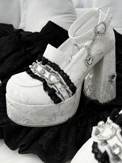 Jirai Kei White Lace Heels: 12cm Platform with Heart Rhinestone Chain & Buckle Ankle Strap