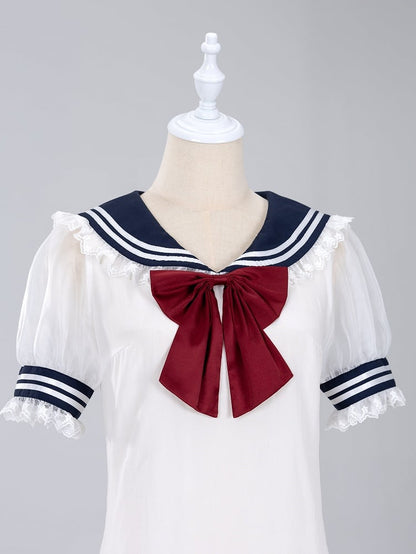 Jirai Kei Summer Sailor Collar Short Sleeves Blouse with Red Bowtie Snow White Vibes