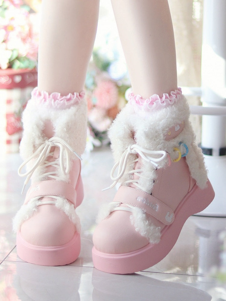 Sweet Lolita Pink Platform Ankle Boots - Plush Bunny Ears with Dual Lace & Velcro Design
