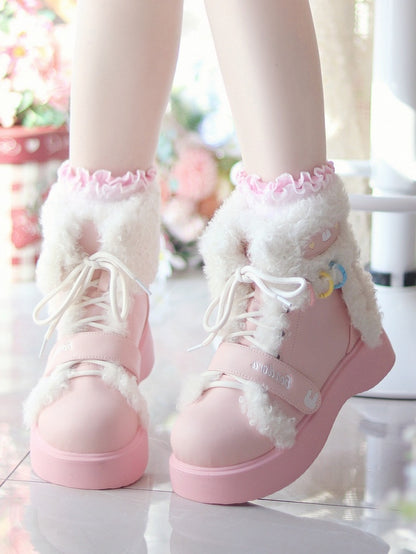 Sweet Lolita Pink Platform Ankle Boots - Plush Bunny Ears with Dual Lace & Velcro Design