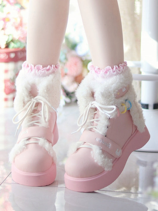 Sweet Lolita Pink Platform Ankle Boots - Plush Bunny Ears with Dual Lace & Velcro Design