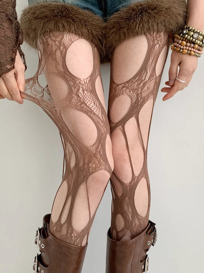 Gray/White/Brown/Black Y2K Asymmetrical Design Cut-out Details Tights