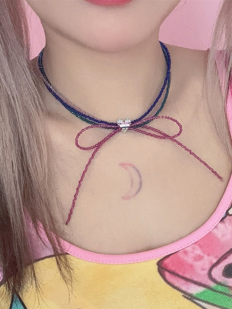 Colorful Y2K Heart Decorated Bowknot Design Beaded Choker
