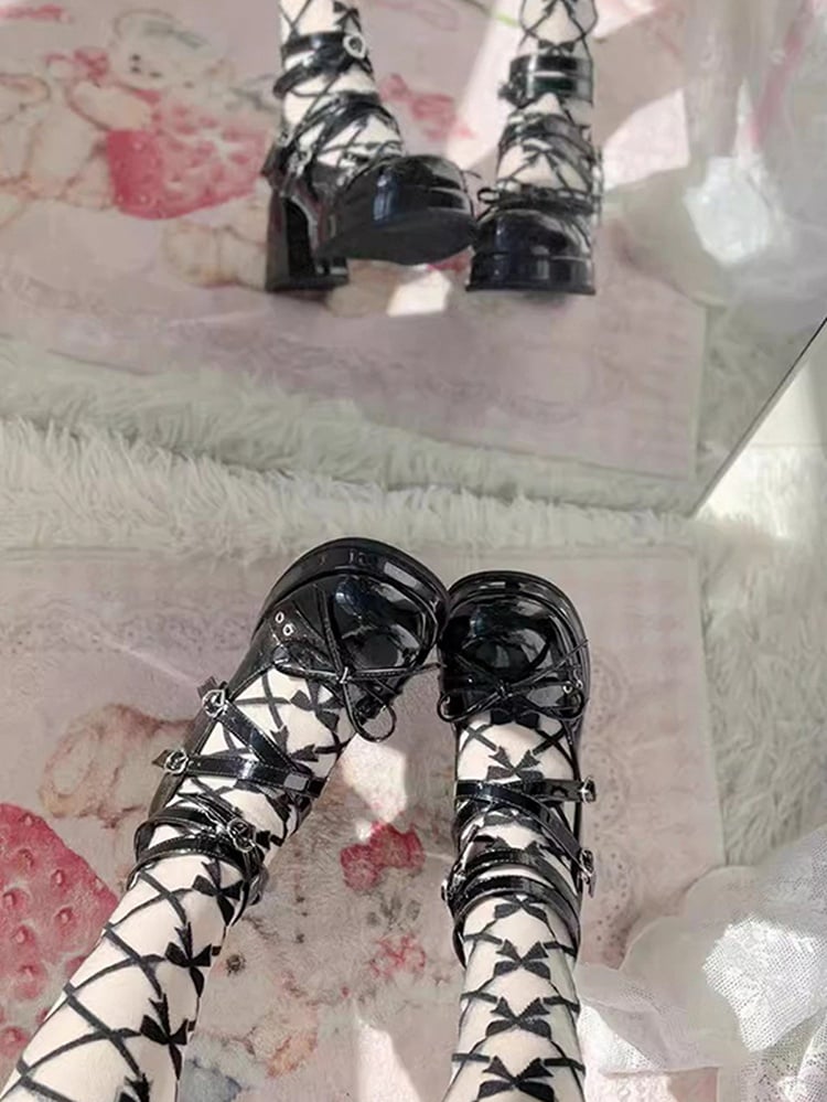 Bowknot at Top Black High Block Heel Platform Mary Janes