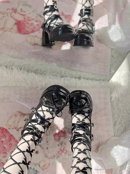 Bowknot at Top Black High Block Heel Platform Mary Janes