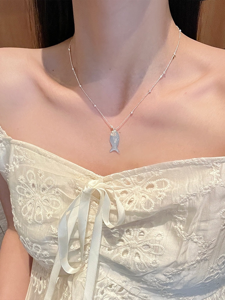 Blue/White Y2K Bittersweet Fish And Rhinestone Heart Pendant Necklace