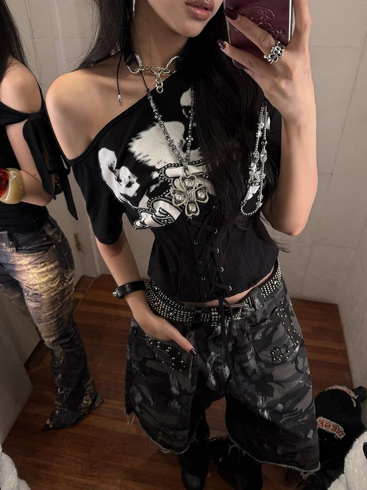 Black / White Asymmetrical Neckline T-Shirt with Lace-up Waist