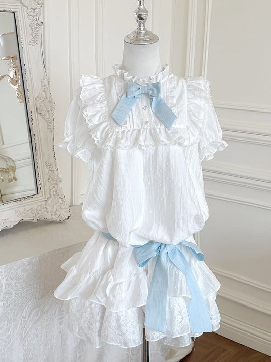 White Ruffle Neckline Lace Trim Puff Sleeves Dress with Blue Bowtie and Waist Belt
