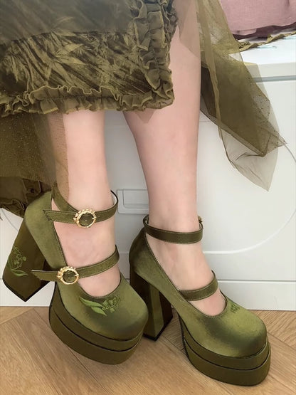 Green Detachable Bowknot Lily of the Valley Embroidery High Block Heel Platform Mary Janes