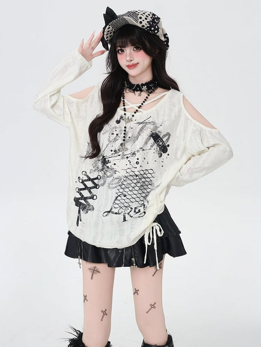 Criss-cross Design Neckline Cutout Shoulder Splash Ink Print Distressed Holes Apricot Top