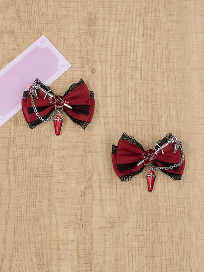 5 Colors Coffin Charm Gothic Cross Jirai Kei Bowknot Hairclips with Chain