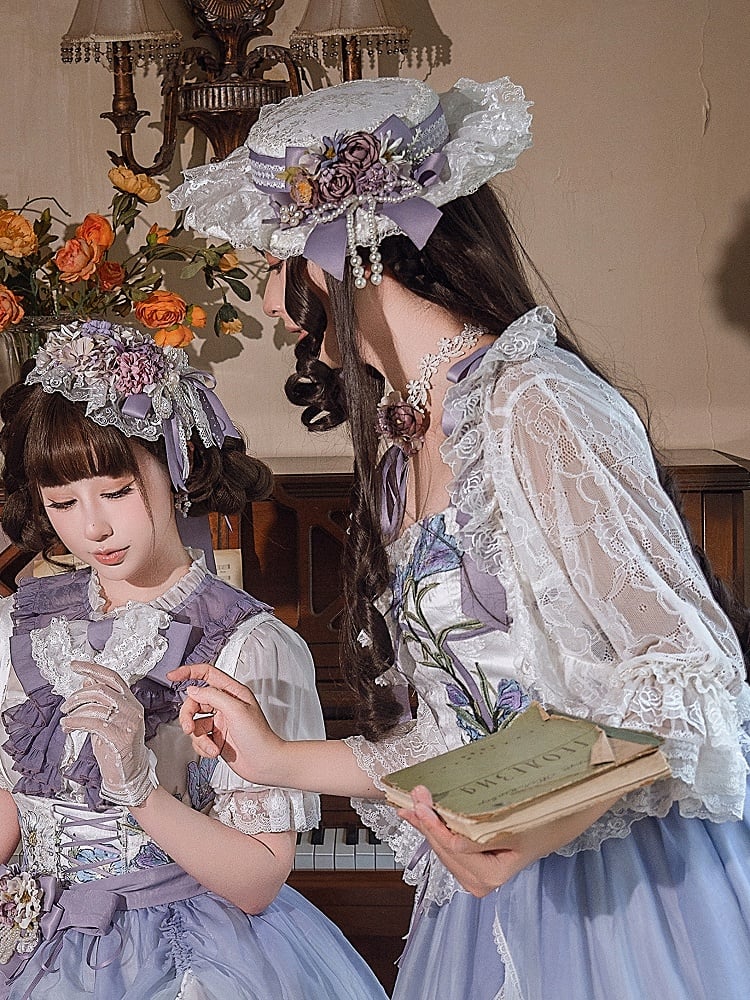 Purple Flowers and Beaded Bowknot Decorated White Hat