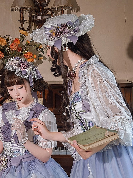 Purple Flowers and Beaded Bowknot Decorated White Hat