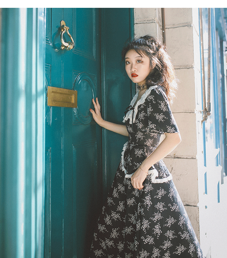 Blackberry and Laurel Vintage Lace Square Neckline SHort Sleeves Long Dress