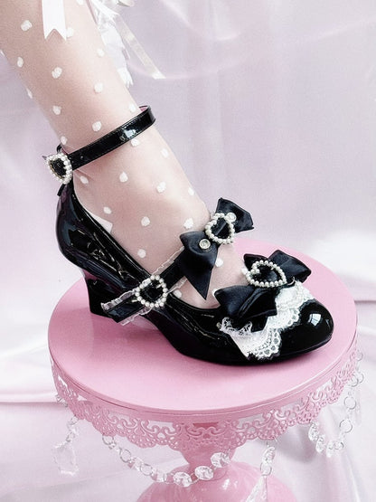 Black Gyaru Fashion Heart Cut-out Wedge Heels Mary Janes Jirai Kei Shoes