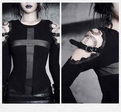 Black Open Shoulders Semi-sheer Cross Shaped Mesh Panels Goth Long Sleeve Top