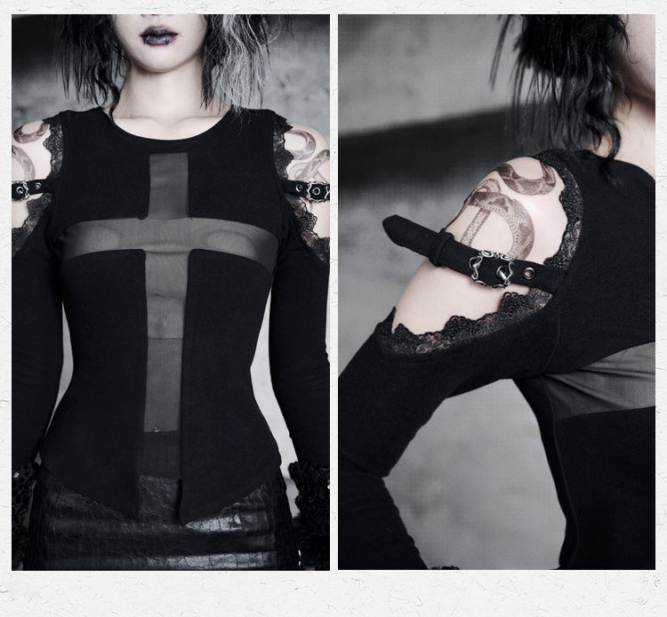 Black Open Shoulders Semi-sheer Cross Shaped Mesh Panels Goth Long Sleeve Top