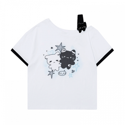 Cartoon Kitty Print Pink/Blue/Black Asymmetrical Neckline T-shirt