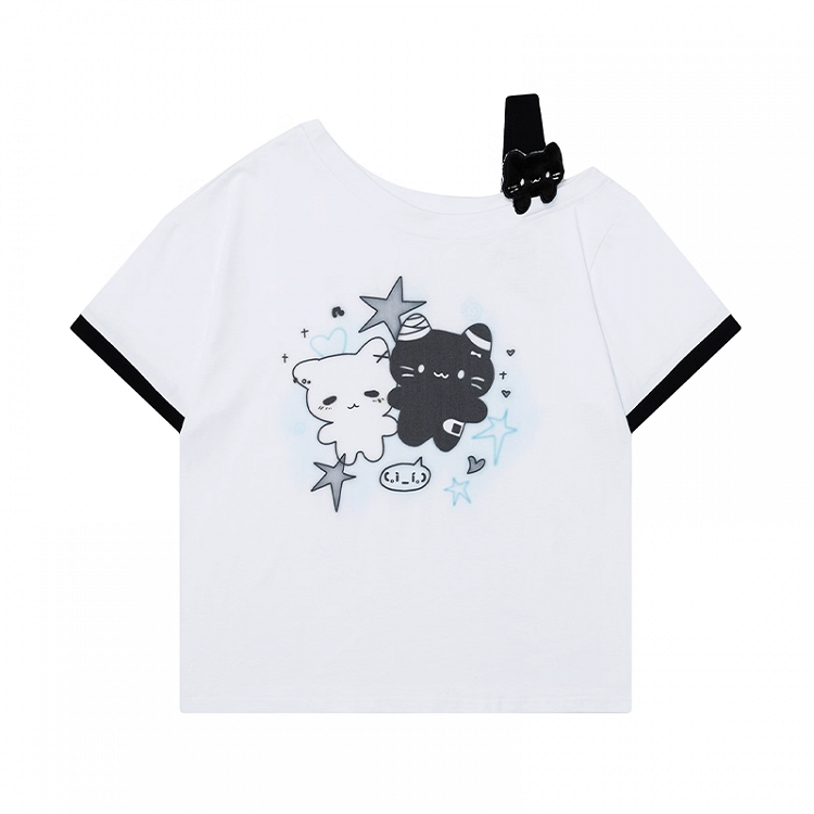 Cartoon Kitty Print Pink/Blue/Black Asymmetrical Neckline T-shirt