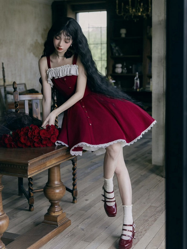 Red Slim Fit Waist Elegant Lolita Fashion Dress