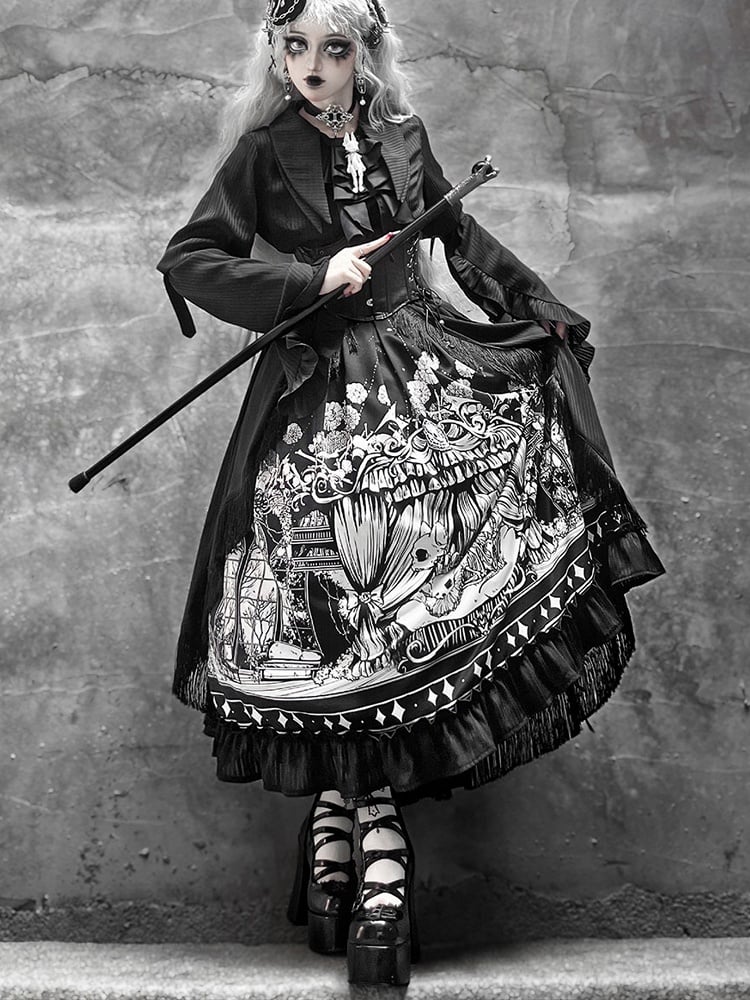 Plus Sizes Available Dark Gothic Lolita Full Set - Black Long Sleeves Shirt + Skirt + Corset Belt