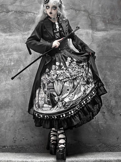 Plus Sizes Available Dark Gothic Lolita Full Set - Black Long Sleeves Shirt + Skirt + Corset Belt