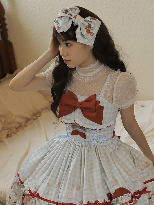 Cherry Print Blue Plaid Bowknot Hairclip