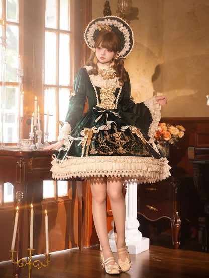 Candle and Candlestick Embroidery Green Bell Sleeves Velvet Dress Lolita OP / Set