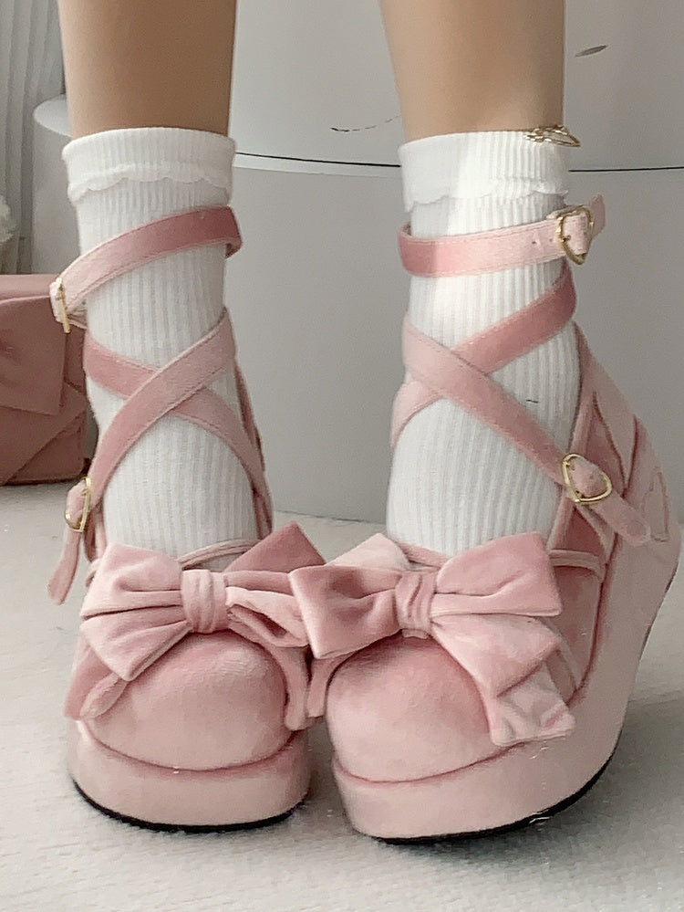 Velvet Pink Sweet Lolita Platform Mary Janes - Bow Accents, Crisscross Straps & Heart Buckle