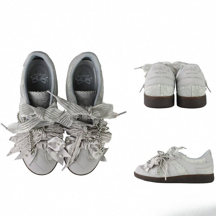 Gray Beaded Decorated Bow at Top Lace Front Lace-up Ties Sneakers