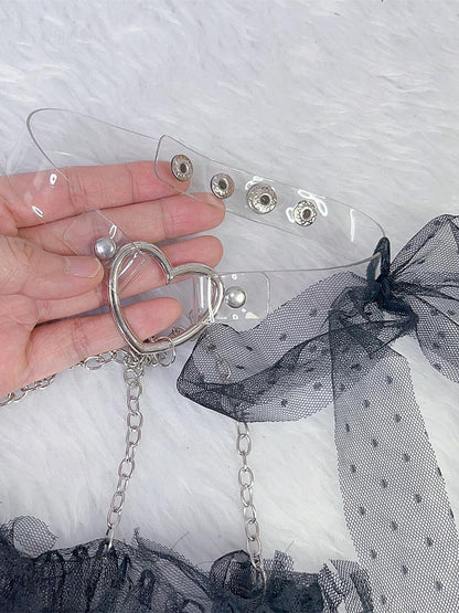 White/Black Y2K Tassels Leg Sleeves With Self-tie Strap Decorated Heart Garters