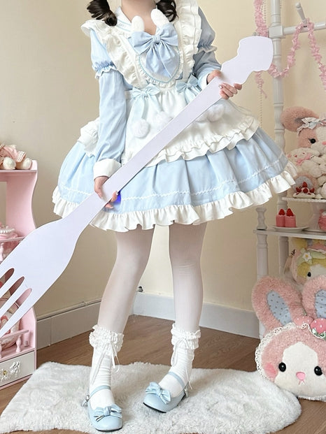 Bunny Ears Sailor Collar Blue Short Sleeves Maid Lolita Dress with White Apron