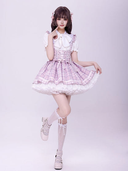 Pink Lace-up High Waist Jirai Kei Plaid Skirt with Detachable Flutter Straps