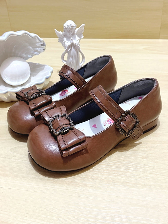 PU Brown Elegant Lolita Mary Janes - Round Toe Low Heel with Bow Accent & Picture Frame Decor
