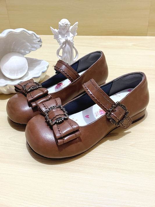 PU Brown Elegant Lolita Mary Janes - Round Toe Low Heel with Bow Accent & Picture Frame Decor