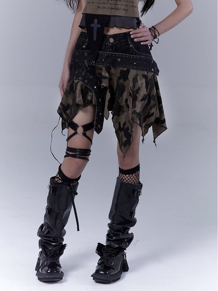 Camo Handkerchief Hem Low Waist Lace-up Detail Distressed Denim Skort