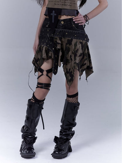 Camo Handkerchief Hem Low Waist Lace-up Detail Distressed Denim Skort