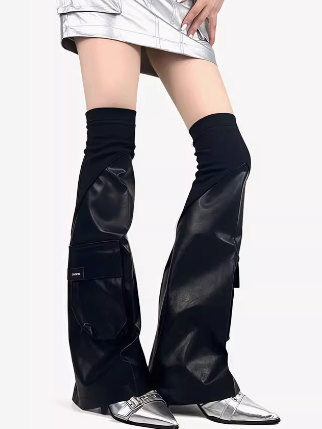 Black PU Cargo Pocket Punk Leg Warmers