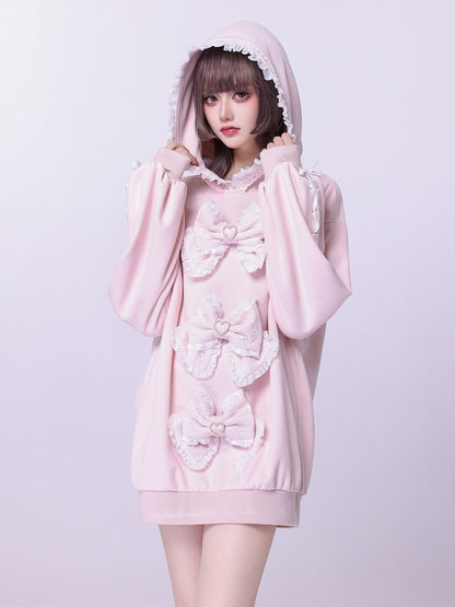Sakura Pink Jirai Kei Sweet Lace Trim Bows Decorated Hoodie