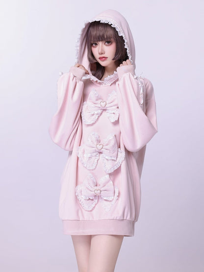 Sakura Pink Jirai Kei Sweet Lace Trim Bows Decorated Hoodie