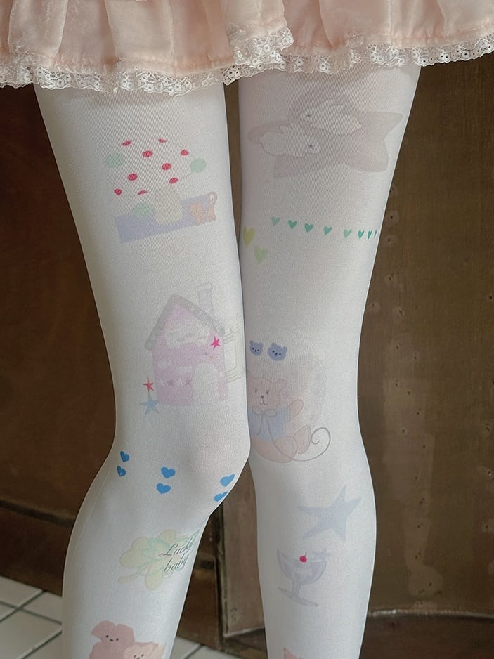 White Heart Bear Bunny Print Cartoon Tights