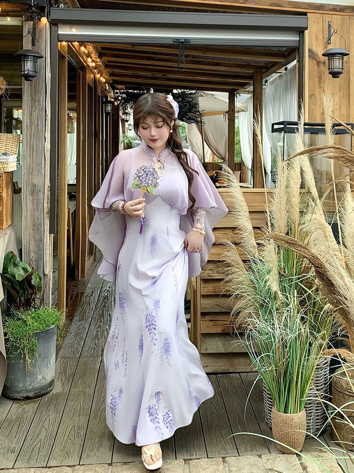 Plus Size Cheongsam Style Cape Design Purple Wisteria Print Qipao Dress