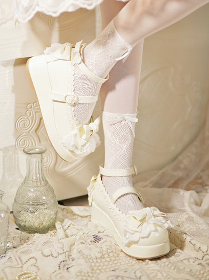 Milky White Bow at Top Lace Trim Heart Buckles Platforms