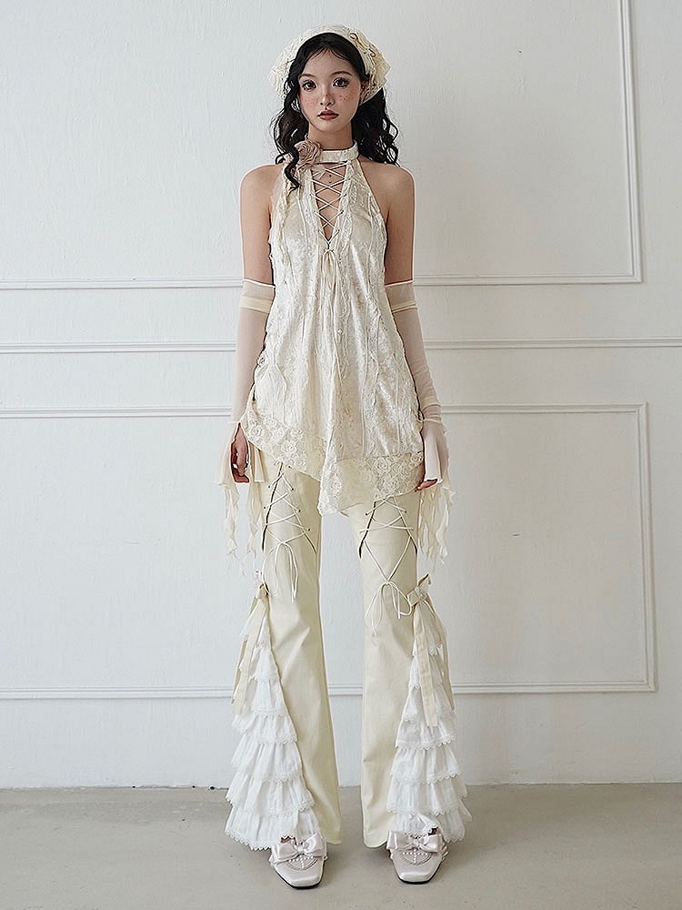 Lace-up Detail Beige Flower Halter Neck Backless Top + Sleeves Set