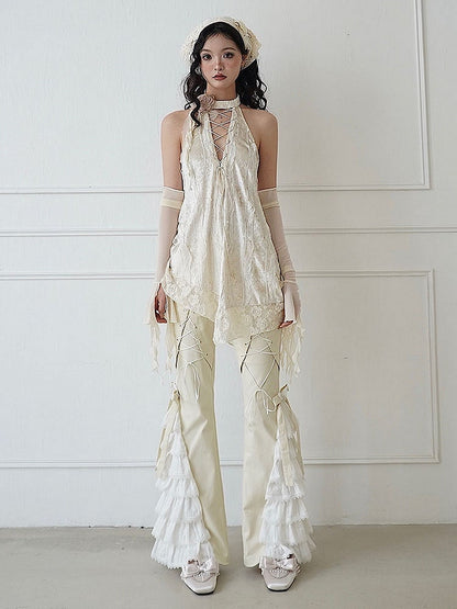 Lace-up Detail Beige Flower Halter Neck Backless Top + Sleeves Set