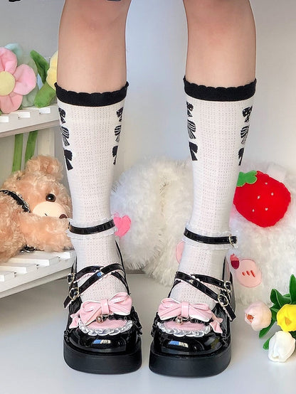 Black & Pink Bow at Top Crisscross Buckle Straps Sweet Lolita Platform Mary Janes
