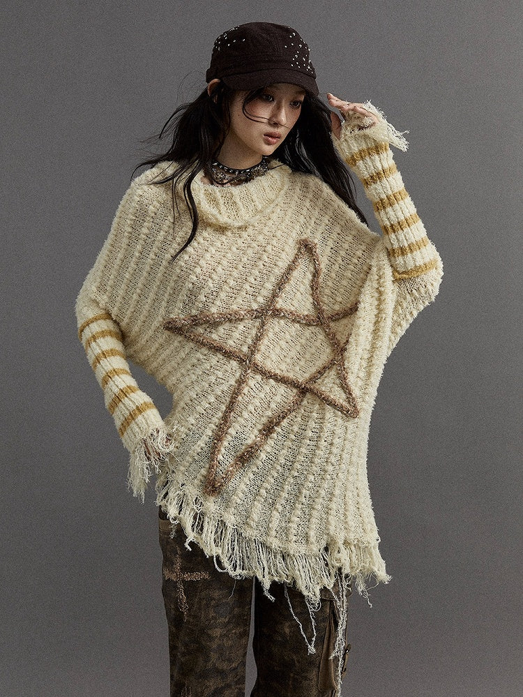 Light Yellow Vintage Punk Batwing Sleeves Loose Five-pointed Star Sweater
