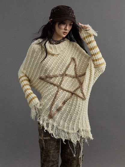 Light Yellow Vintage Punk Batwing Sleeves Loose Five-pointed Star Sweater
