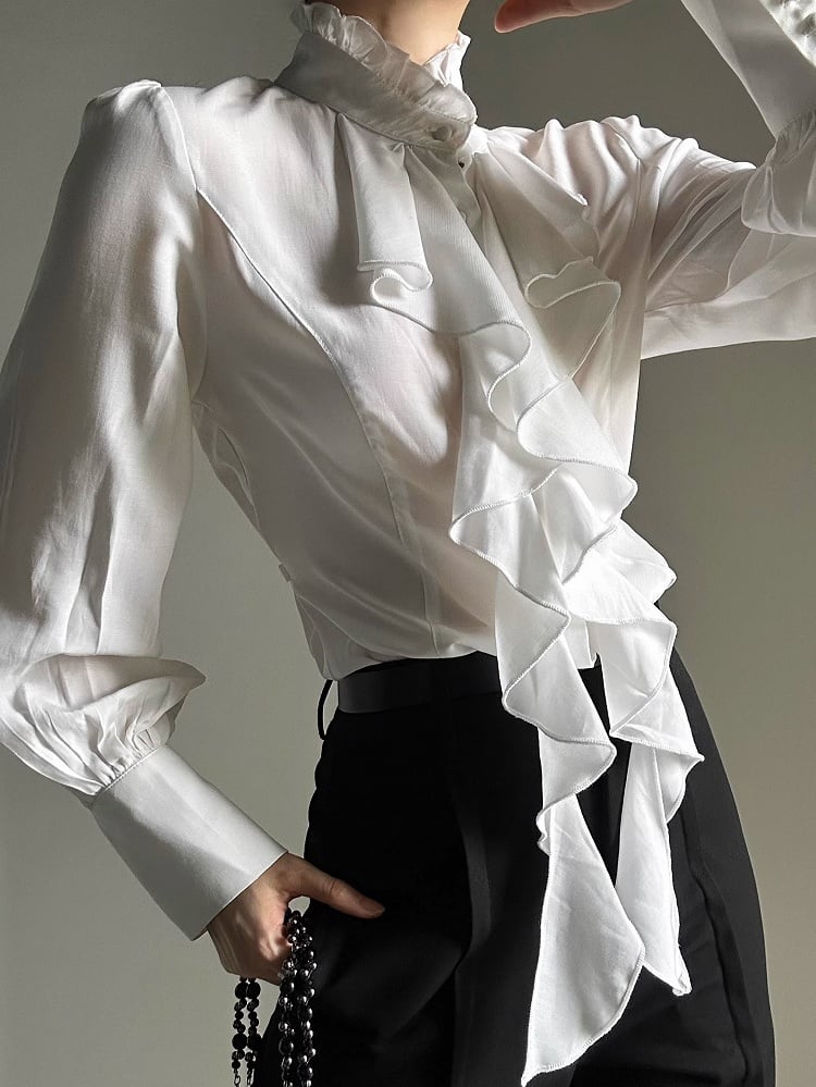 Ouji Lolita Vintage White Bishop Sleeve Shirt with Cascading Ruffle Placket & Detachable Lace Necklace